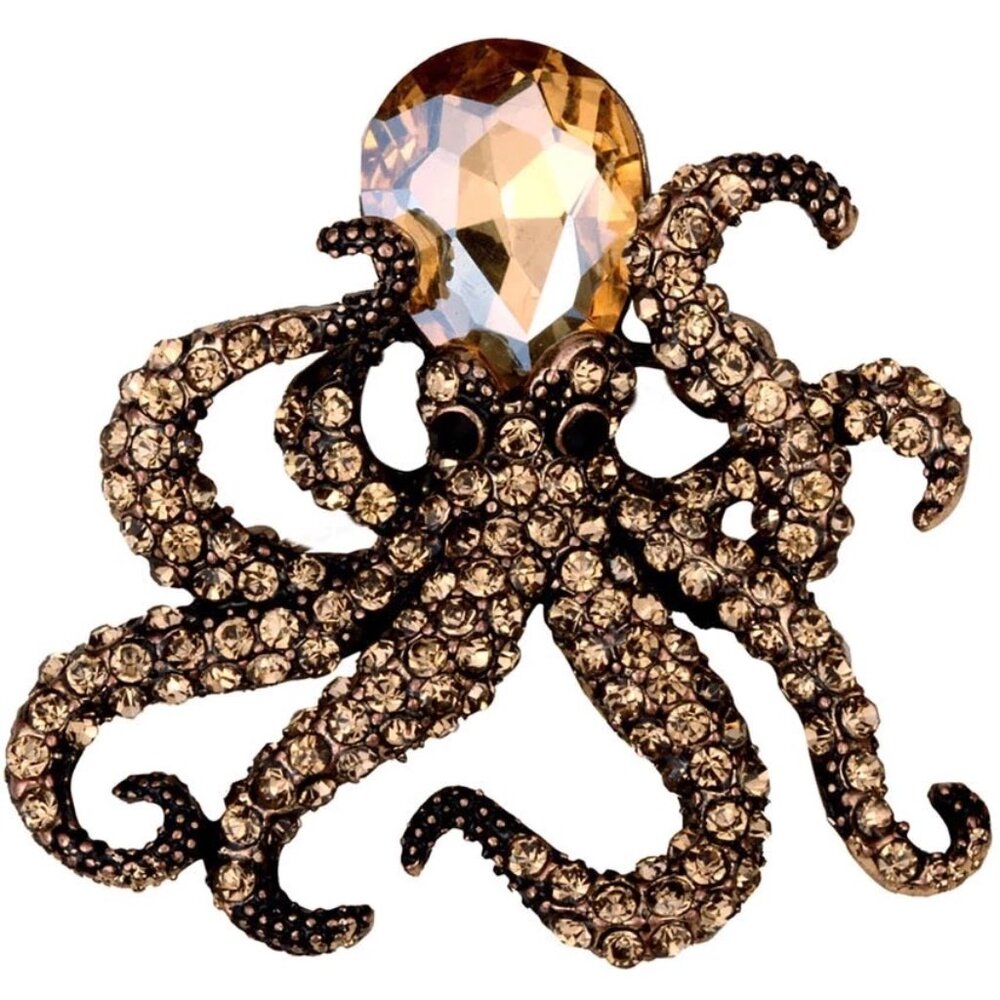 Emerald Gold Crystal Octopus Statement Ring in Antique Gold Finish - 2"